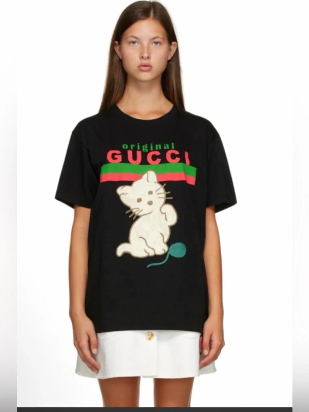Gucci Black Tee with Cream Cat Patch and Green-Red Logo
